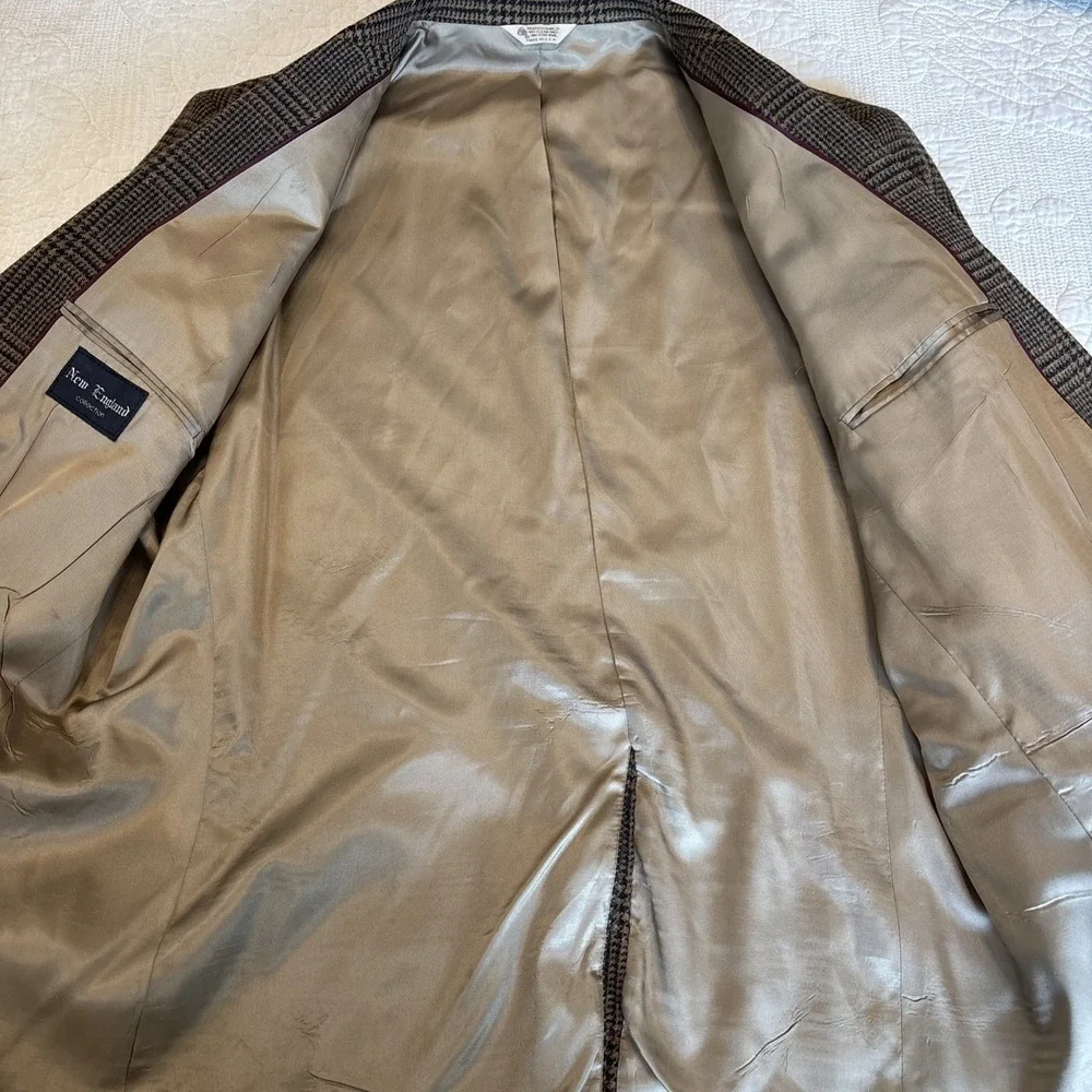 VTG Houndstooth Sport Coat Pure Wool Plaid 2 Button Brown Green‎ Preppy SZ 46L